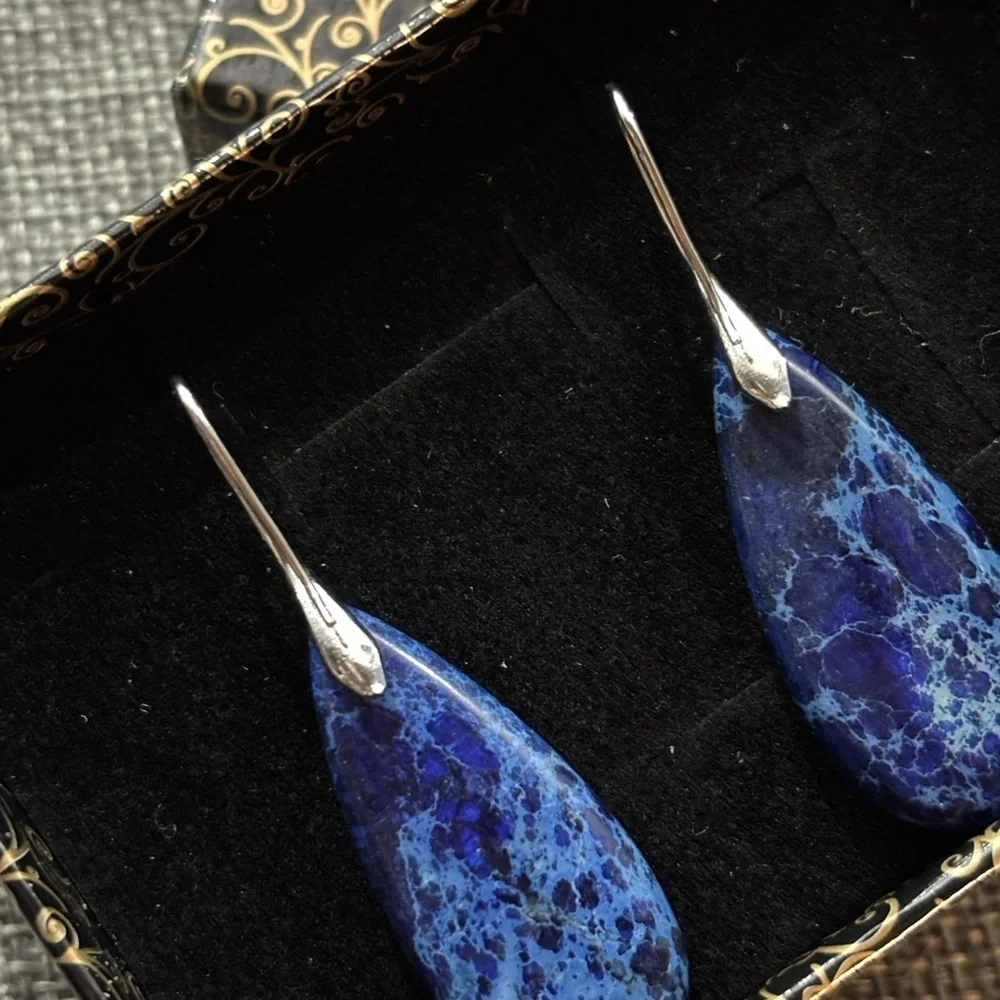 Blue Jasper Natural Gemstone Pendant Teardrop Earrings Silver Handmade Healing